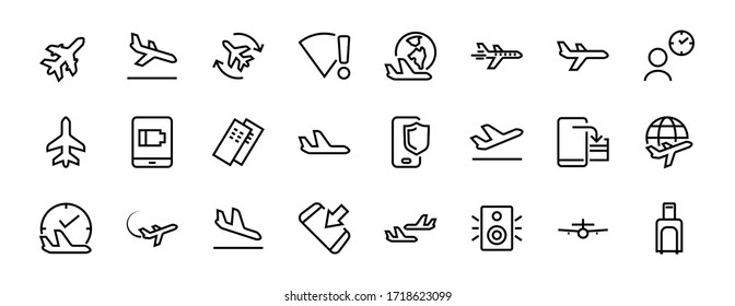 Un simple conjunto de iconos de línea vectorial relacionados con el aeropuerto. Contiene insignias como salida, embarque, tiempo de espera, embarque, búsqueda de un lugar para viajar y mucho más. Trazo editable. 48x48 píxeles.