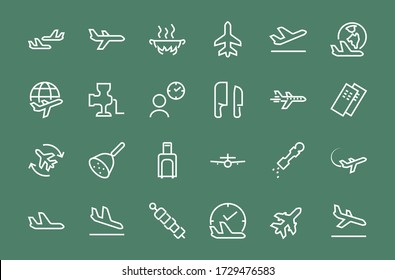 A simple set of airport related vector line icons. Contains badges such as departure, boarding, waiting time, boarding, find a place to travel tickets, and much more. Editable stroke. 48x48 pixels.