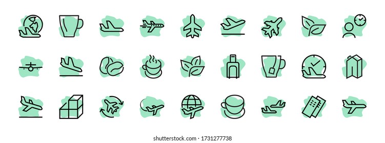 A simple set of airport related vector line icons. Contains badges such as departure, boarding, waiting time, boarding, find a place to travel tickets, and much more. Editable stroke. 48x48 pixels.