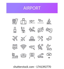 Simple Set of Airport Related Vector Line Icons. Contains such Icons as Departure, Tickets, Baggage Claim, Pilot, Airport Tower, Stewardess and more. Editable Stroke