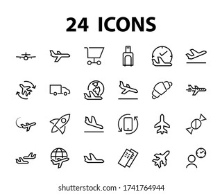 A simple set of airport related vector line icons. Contains badges such as departure, boarding, waiting time, boarding, find a place to travel tickets, and much more. Editable stroke. 48x48 pixels.
