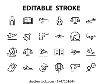 A simple set of airport related vector line icons. Contains badges such as departure, boarding, waiting time, boarding, find a place to travel tickets, and much more. Editable stroke. 48x48 pixels.