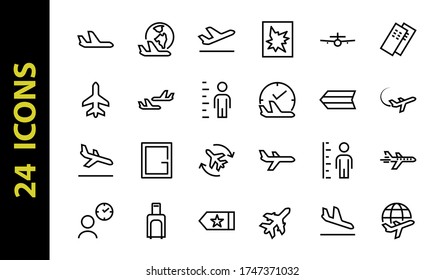 A simple set of airport related vector line icons. Contains badges such as departure, boarding, waiting time, boarding, find a place to travel tickets, and much more. Editable stroke. 48x48 pixels.
