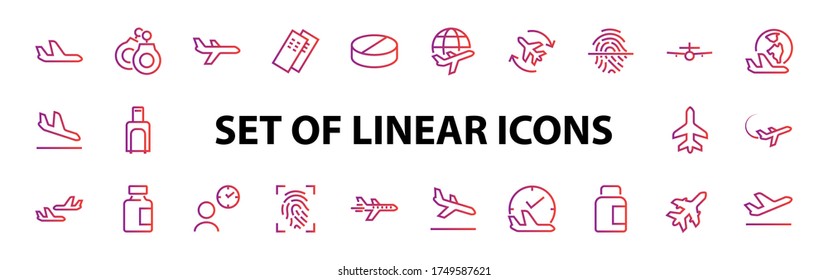 A simple set of airport related vector line icons. Contains badges such as departure, boarding, waiting time, boarding, find a place to travel tickets, and much more. Editable stroke. 48x48 pixels.