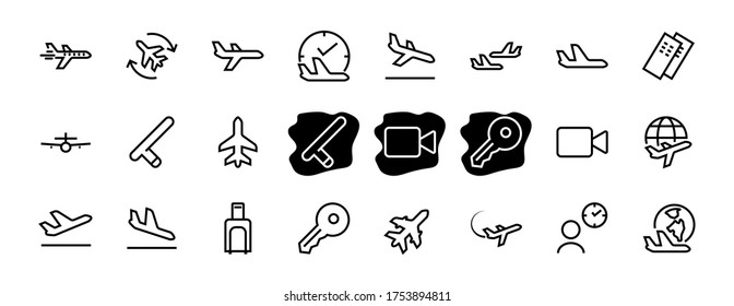 A simple set of airport related vector line icons. Contains badges such as departure, boarding, waiting time, boarding, find a place to travel tickets, and much more. Editable stroke. 48x48 pixels.