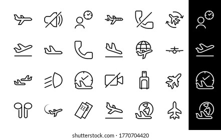 A simple set of airport related vector line icons. Contains badges such as departure, boarding, waiting time, boarding, find a place to travel tickets, and much more. Editable stroke. 48x48 pixels.