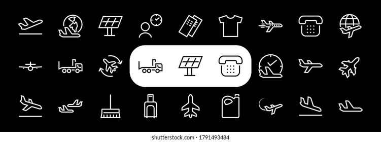  A simple set of airport related vector line icons. Contains badges such as departure, boarding, waiting time, boarding, find a place to travel tickets, and much more. Editable stroke. 