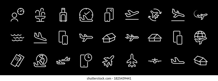 A simple set of airport related vector line icons. Contains badges such as departure, boarding, waiting time, boarding, find a place to travel tickets, and much more. Editable stroke. 48x48 pixels.