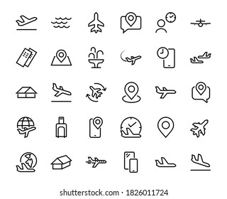 A simple set of airport related vector line icons. Contains badges such as departure, boarding, waiting time, boarding, find a place to travel tickets, and much more. Editable stroke. 48x48 pixels.