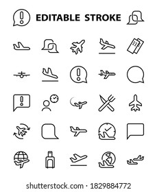 A simple set of airport related vector line icons. Contains badges such as departure, boarding, waiting time, boarding, find a place to travel tickets, and much more. Editable stroke. 48x48 pixels.