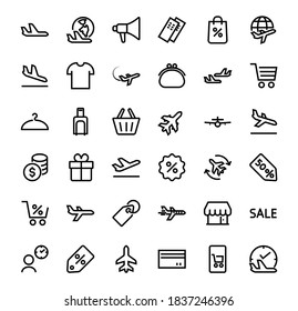 A simple set of airport related vector line icons. Contains badges such as departure, boarding, waiting time, boarding, find a place to travel tickets, and much more. Editable stroke. 48x48 pixels.