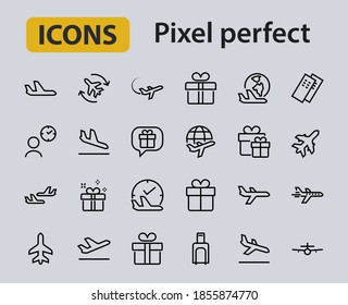A simple set of airport related vector line icons. Contains badges such as departure, boarding, waiting time, boarding, find a place to travel tickets, and much more. Editable stroke. 48x48 pixels.