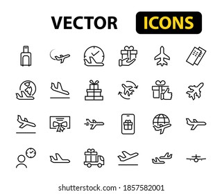 A simple set of airport related vector line icons. Contains badges such as departure, boarding, waiting time, boarding, find a place to travel tickets, and much more. Editable stroke. 48x48 pixels.