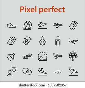 A simple set of airport related vector line icons. Contains badges such as departure, boarding, waiting time, boarding, find a place to travel tickets, and much more. Editable stroke. 48x48 pixels.
