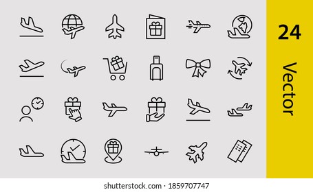 A simple set of airport related vector line icons. Contains badges such as departure, boarding, waiting time, boarding, find a place to travel tickets, and much more. Editable stroke. 48x48 pixels.
