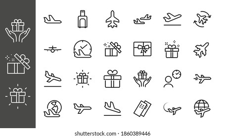 A simple set of airport related vector line icons. Contains badges such as departure, boarding, waiting time, boarding, find a place to travel tickets, and much more. Editable stroke. 48x48 pixels.