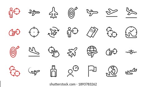 A simple set of airport related vector line icons. Contains badges such as departure, boarding, waiting time, boarding, find a place to travel tickets, and much more. Editable stroke. 48x48 pixels.