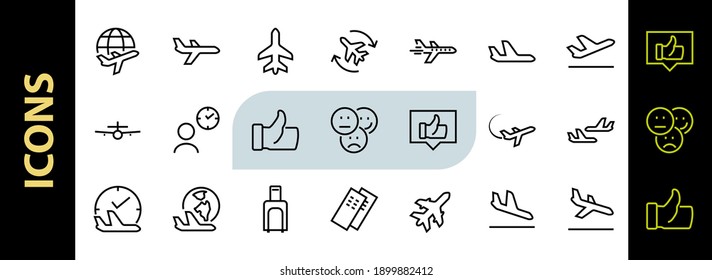  A simple set of airport related vector line icons. Contains badges such as departure, boarding, waiting time, boarding, find a place to travel tickets, and much more. Editable stroke. 48x48 pixels.