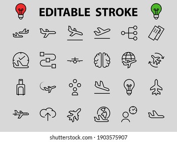  A simple set of airport related vector line icons. Contains badges such as departure, boarding, waiting time, boarding, find a place to travel tickets, and much more. Editable stroke. 48x48 pixels.