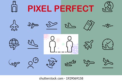  A simple set of airport related vector line icons. Contains badges such as departure, boarding, waiting time, boarding, find a place to travel tickets, and much more. Editable stroke. 48x48 pixels.