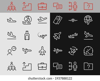  A simple set of airport related vector line icons. Contains badges such as departure, boarding, waiting time, boarding, find a place to travel tickets, and much more. Editable stroke. 48x48 pixels.