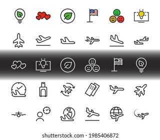  Un simple conjunto de iconos de línea vectorial relacionados con el aeropuerto. Contiene insignias como salida, embarque, tiempo de espera, embarque, búsqueda de un lugar para viajar y mucho más. Trazo editable. 48x48 píxeles.