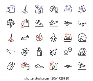  Ein einfacher Satz von flughafenbezogenen Vektorgrafik-Symbolen. Enthält Badges wie Abflug, Boarding, Wartezeit, Boarding, finden Sie einen Platz für Fahrkarten und vieles mehr. Bearbeitbarer Strich. 48 x 48 Pixel.