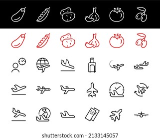  A simple set of airport related vector line icons. Contains badges such as departure, boarding, waiting time, boarding, find a place to travel tickets, and much more. Editable stroke. 48x48 pixels.