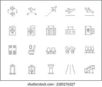 Simple Juego de Iconos de Línea de Vectores relacionados con el aeropuerto. Contiene íconos como vuelo, pista de aterrizaje, torre, aterrizaje, viaje, equipaje, llegada, turismo y más.