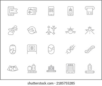 Simple Set of airport Related Vector Line Icons. Contains such Icons as flight, runway, tower, landing, travel, baggage, arrival, tourism and more.