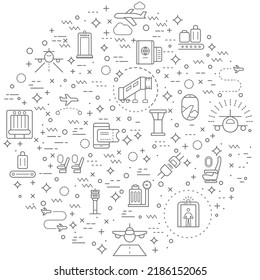 Simple Set of airport Related Vector Line Illustration. Contains such Icons as flight, runway, tower, landing, travel, baggage, arrival, tourism and Other Elements.