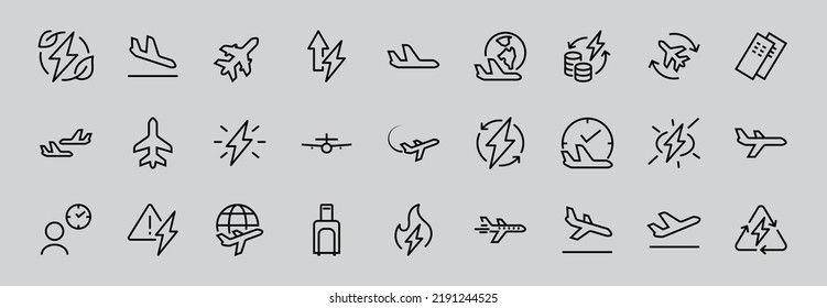  A simple set of airport related vector line icons. Contains badges such as departure, boarding, waiting time, boarding, find a place to travel tickets, and much more. Editable stroke. 48x48 pixels.