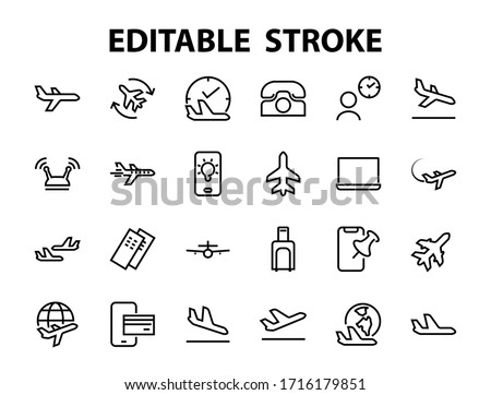 A simple set of airport related vector line icons. Contains badges such as departure, boarding, waiting time, boarding, find a place to travel tickets, and much more. Editable stroke. 48x48 pixels.