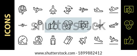  A simple set of airport related vector line icons. Contains badges such as departure, boarding, waiting time, boarding, find a place to travel tickets, and much more. Editable stroke. 48x48 pixels.