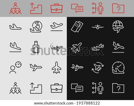  A simple set of airport related vector line icons. Contains badges such as departure, boarding, waiting time, boarding, find a place to travel tickets, and much more. Editable stroke. 48x48 pixels.