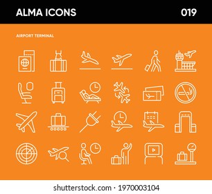 Simple Set of Airport Terminal Related Vector Line Icons. Contains such Icons as Arrival, Departure, Airplane, Passport, Luggage Claim and more. 64x64 Pixel Perfect.