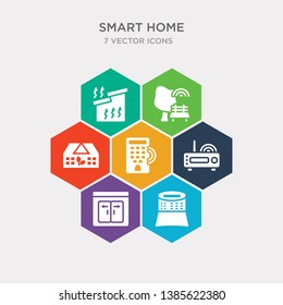 simple set of alarm system, automated door, cd player, door key icons, contains such as icons eco friendly, environmental, heat leak and more. 64x64 pixel perfect. infographics vector