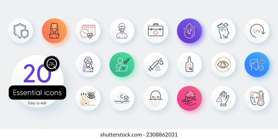 Simple set of Alcohol free, Cough and Cardio calendar line icons. Include Vaccination appointment, Not looking, Uv protection icons. Vaccine attention, Medical mask, Dont touch web elements. Vector