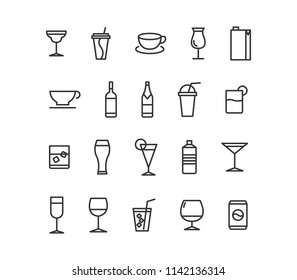 Conjunto simple de iconos de línea de vectores relacionados con el alcohol. Contiene iconos como Champaña, Whiskey, Cocktail, Shots y más. Trazo editable. 