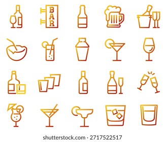 Conjunto simples de ícones de linha de vetor relacionados ao álcool. Contém ícones como champanhe, whisky, coquetel, fotos e muito mais.