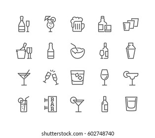 Simple Set of Alcohol Related Vector Line Icons. 
Contains such Icons as Champagne, Whiskey, Cocktail, Shots and more.
Editable Stroke.

