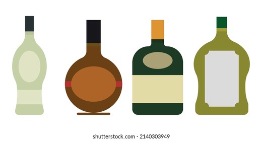 Sencillo conjunto de ilustración de botellas alcohólicas coloridas. Los cócteles de alcohol beben iconos. Menú de barras con logotipos vectoriales planos. 