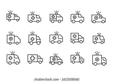 Simple set of ambulance modern thin line icons. Trendy design. Pack of stroke icons. Vector illustration isolated on a white background. Premium quality symbols.