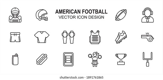 Simple Set of american football Related lineal style Vector icon user interface graphic design. Contains such Icons as body armor, helmet, commentator, uniform, leg pad, shoe, whistle and more