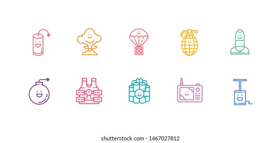 A simple set of ammunition explosion kawaii vector line icons. Contains such Icons as a cute atomic bomb, bomb, detonator, dynamite, explosion, gps, grenade, supplies, vest bomb