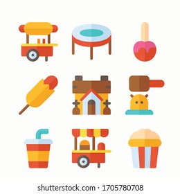 Simple Set Amusement Park Vector Color Icons. Hot dog vendor, popcorn, carmel apple, corn dog. Color with Editable stroke