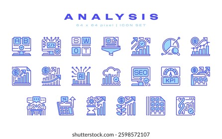 Simple Set of Analysis Related Vector Line Icons. Contains such Outline Icons as SWOT Analysis, Forecasting, Market Analysis and more. Editable Stroke. 64x64 Pixel Perfect