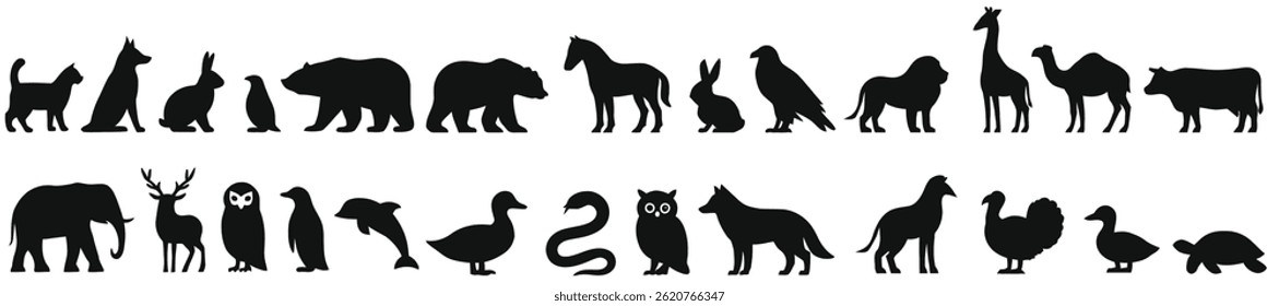 Simple Set of Animal Silhouettes. Includes a variety of domestic, wild, and exotic animals in profile view — from cats and dogs to elephants, giraffes, birds, and reptiles. Perfect for infographics, e