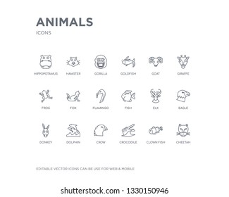 simple set of animals vector line icons. contains such icons as cheetah, clown fish, crocodile, crow, dolphin, donkey, eagle, elk, fish and more. editable pixel perfect.