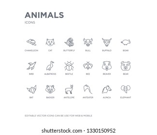 simple set of animals vector line icons. contains such icons as elephant, alpaca, anteater, antelope, badger, bat, bear, beaver, bee and more. editable pixel perfect.